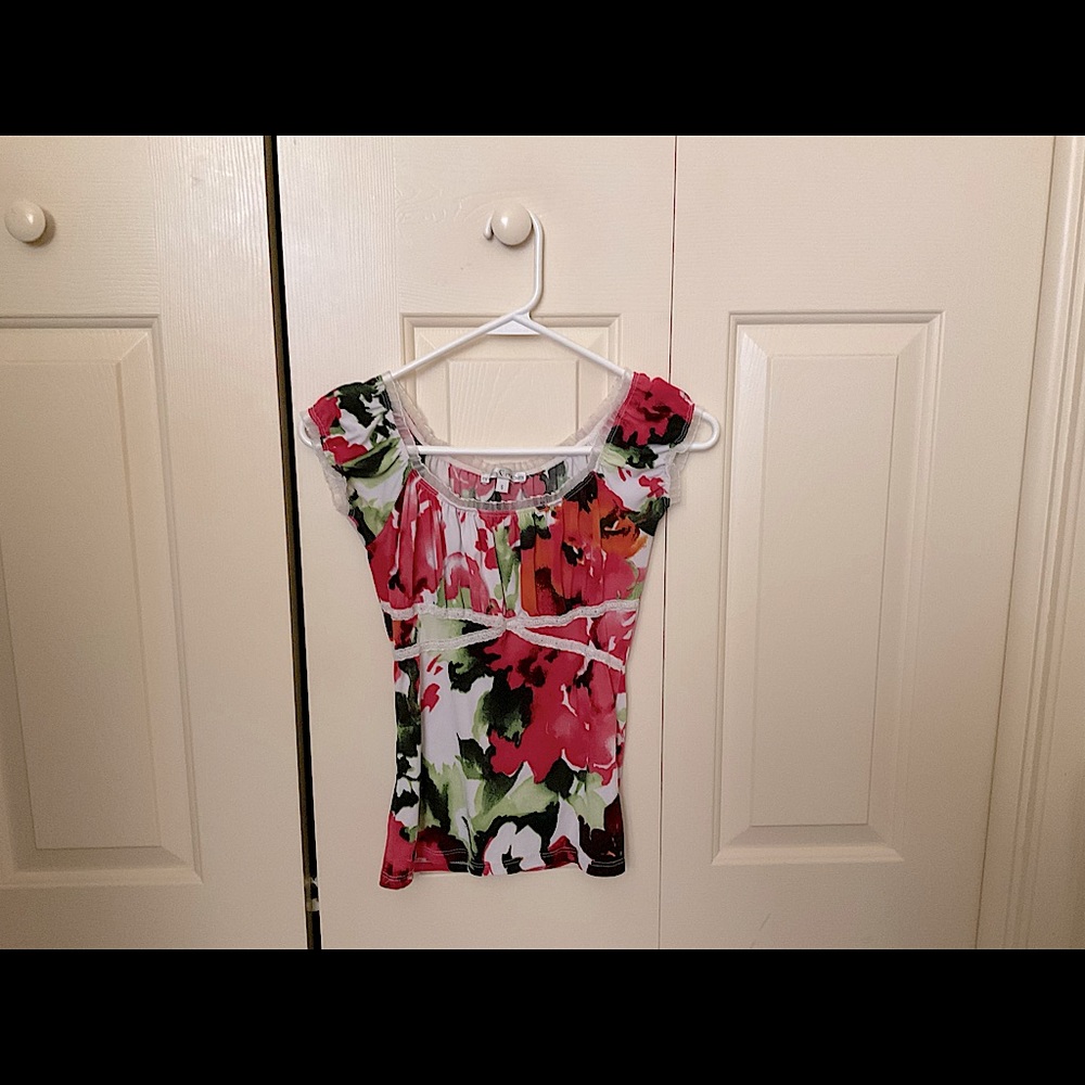Moa Moa White/Pink/Black/Orange/Green Blouse (Size S)
